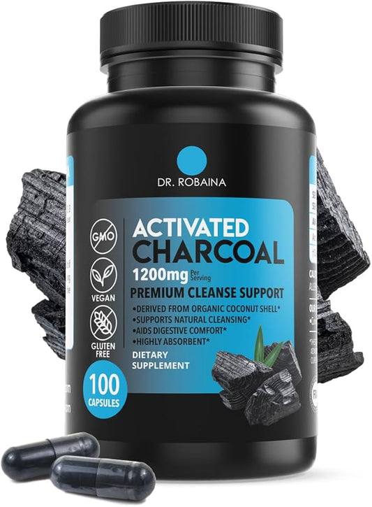Dr. Robaina Activated Charcoal Capsules - 1200 mg Natural Detox and Digestive Support - 100 Capsules, Made in USA
