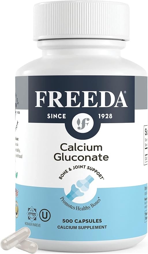 Freeda Calcium Gluconate – Kosher Vegan Calcium Supplement – Easy to Digest & Absorb – Supports Bone Strength – Pure Calcium Without Vitamin D – (500 Capsules)