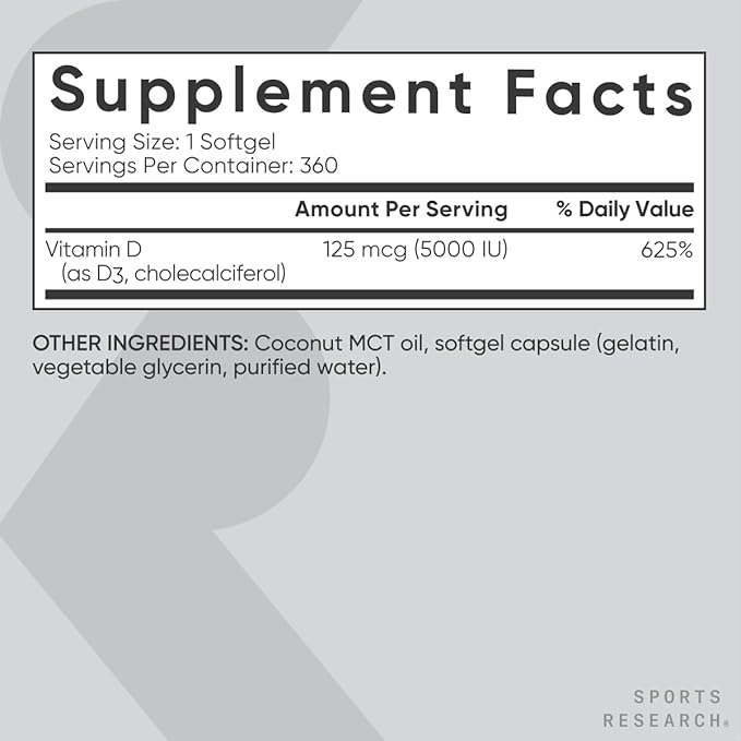 Sports Research Vitamin D3 5000iu (125mcg) with Coconut Oil ~ High Potency Vitamin D for Immune & Bone Support ~ Non-GMO Verified, Gluten & Soy Free (360 Mini-Liquid Softgels)