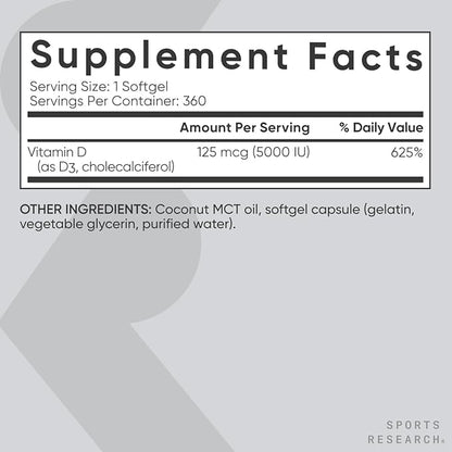 Sports Research Vitamin D3 5000iu (125mcg) with Coconut Oil ~ High Potency Vitamin D for Immune & Bone Support ~ Non-GMO Verified, Gluten & Soy Free (360 Mini-Liquid Softgels)