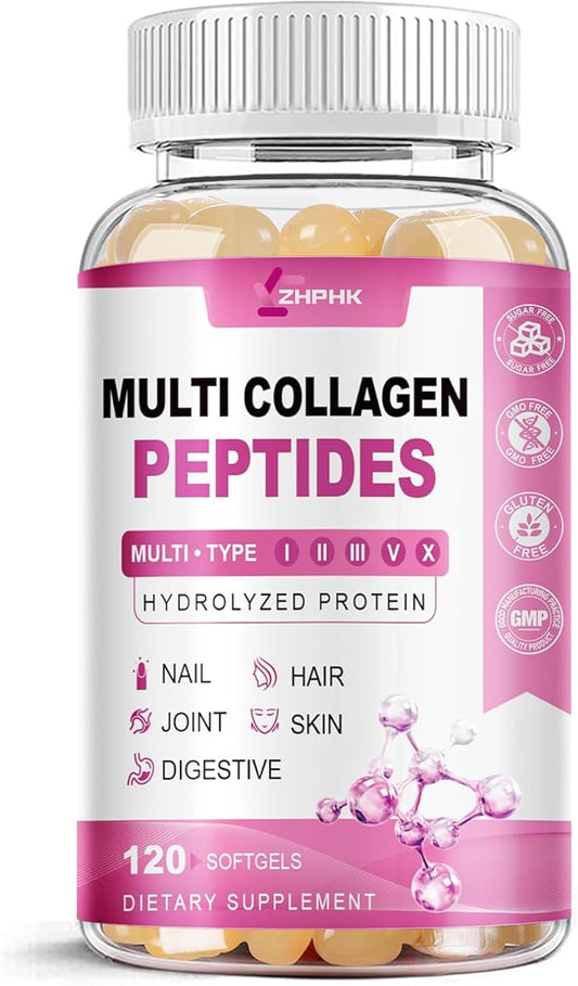 Hydrolyzed Collagen Peptides Pills Mutil Collagen Peptides Colageno Hidrolizado for Women Type I II III V X with Hyaluronic Acid Biotin Vitamin C - Support Skin Hair Nail | 120 Count