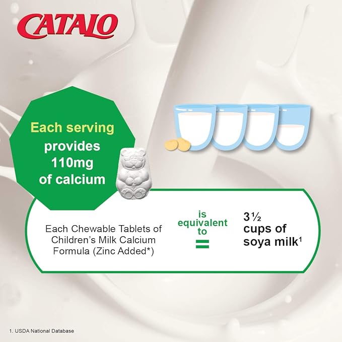 CATALO Toddler Children’s Milk Calcium Formula with Zinc Added - TruCal® Milk Calcium, Phosphorus, Magnesium, and Chelated Zinc - Vanilla Flavor, 100 Chewable Tablets