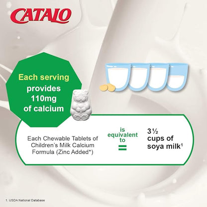 CATALO Toddler Children’s Milk Calcium Formula with Zinc Added - TruCal® Milk Calcium, Phosphorus, Magnesium, and Chelated Zinc - Vanilla Flavor, 100 Chewable Tablets