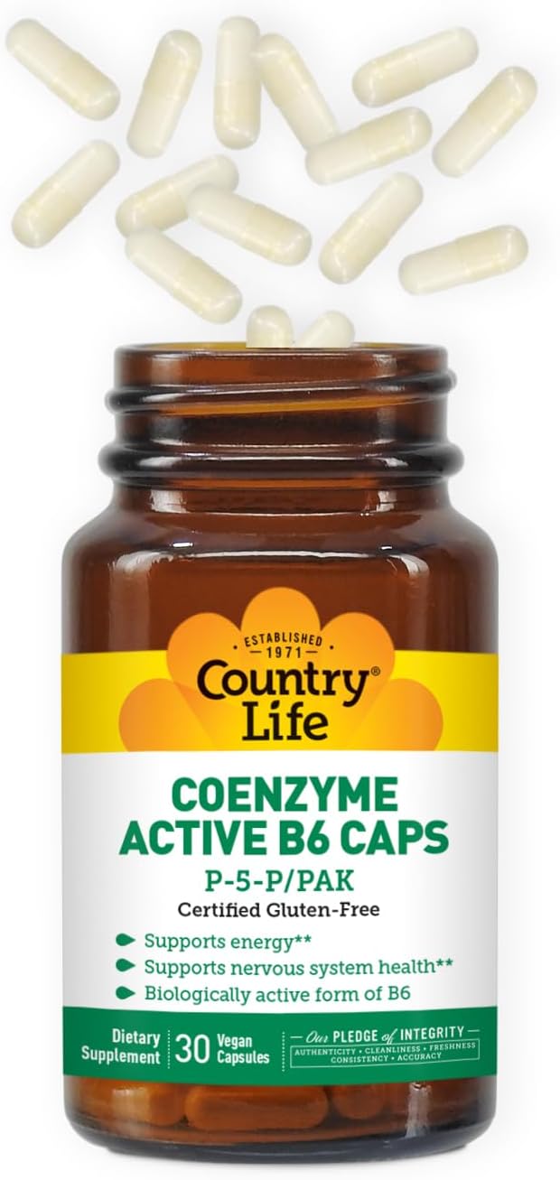 Country Life Coenzyme Active B-6, 50mg Vitamin B6-30 Vegetarian Capsules - Supports Energy, Nervous & Immune Systems - 25mg P-5-P Vitamin B6 - Certified Gluten Free, Vegan - No Artificial Additives