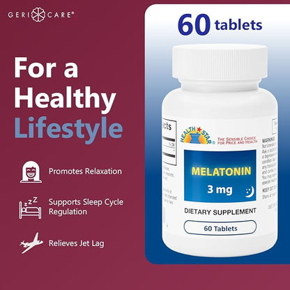 GeriCare Melatonin 3mg Tablets, Balances Nighttime Routine - Helps Adjust to Changing Schedules - Promotes Restful Evenings – Easy-to-Take Tablets, 60 Count (Pack of 1)