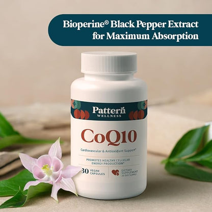 Pattern Wellness CoQ10-200mg Ubiquinone with Bioperine Black Pepper Extract - Cardiovascular & Cellular Energy Production Support - Non-GMO - 30 Vegan Capsules