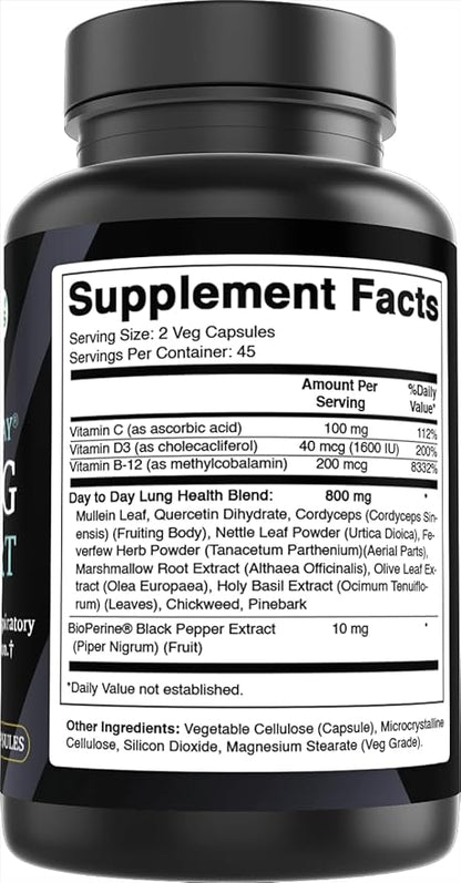 Best Naturals Day-to-Day Lung Support Supplements 90 Veg Cpasules - Made with Mullein, Quercetin, Cordyceps, Nettle, Feverfew, Marshmallow, Olive Leaf Extract