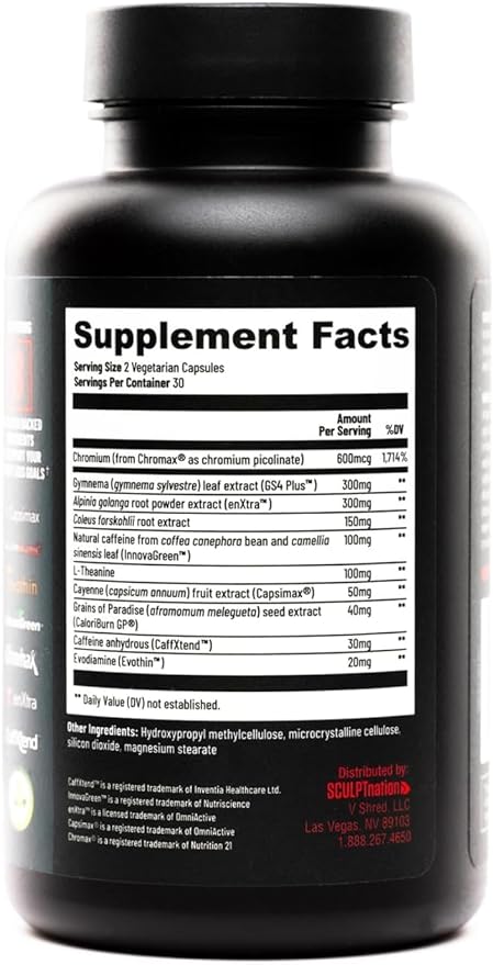 Sculpt Nation by V Shred - Daytime Metabolism Support with Chromium, Symnema Leaf Extract and Alpinia Galanga Root Powder Extract - 60 Natural Veggie Pills - 2 Pack