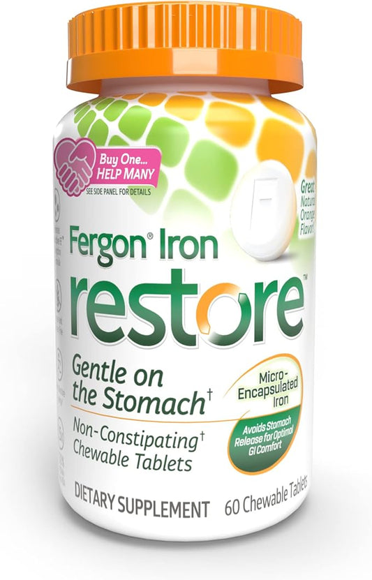 Fergon Iron Restore Chewable Tablets - Gentle on Stomach, Non-Constipating - 27mg Iron for Energy Support – 60 Tablets