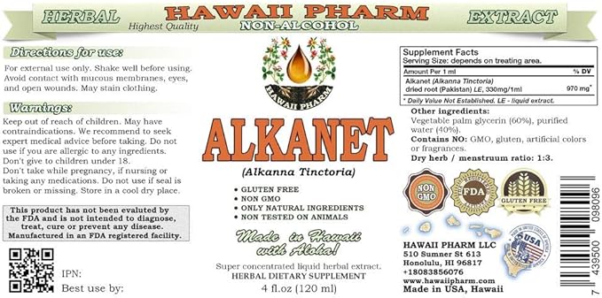 Alkanet Alcohol-Free Liquid Extract, Alkanet (Alkanna Tinctoria) Dried Root Glycerite Hawaii Pharm Natural Herbal Supplement 4x4 oz