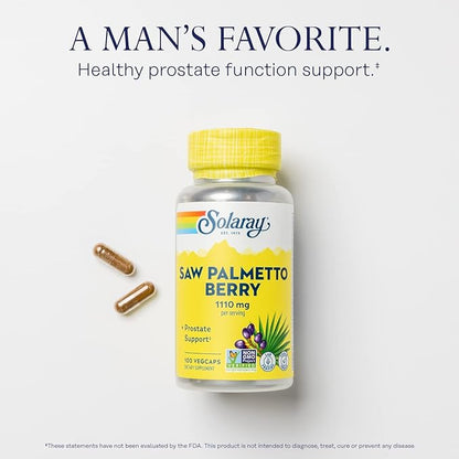 SOLARAY Saw Palmetto Berry 1110 mg, Organic Saw Palmetto for Men, Healthy Prostate Support from Fatty Acids & Plant Sterols, Non-GMO, Vegan & Lab Verified, 60-Day Guarantee, 50 Servings, 100 VegCaps