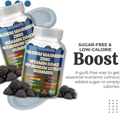 Sugar Free Calcium Gummies for Kids & Adults Citrate Magnesium Glycinate Potassium Vitamin D3 K2 B2 B6 C Irish Sea Moss Ashwaghanda L-Theanine Boron Zinc Gummies for Muscles, Cellular Energy