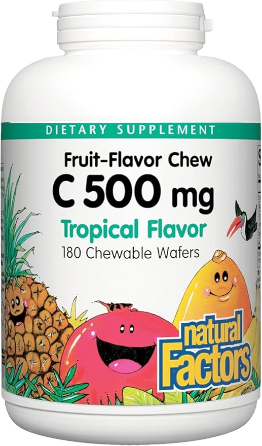 Natural Factors, Kids Chewable Vitamin C 500 mg, Supports Immune Health, Bones, Teeth and Gums, Tropical, 180 Count (Pack of 1)