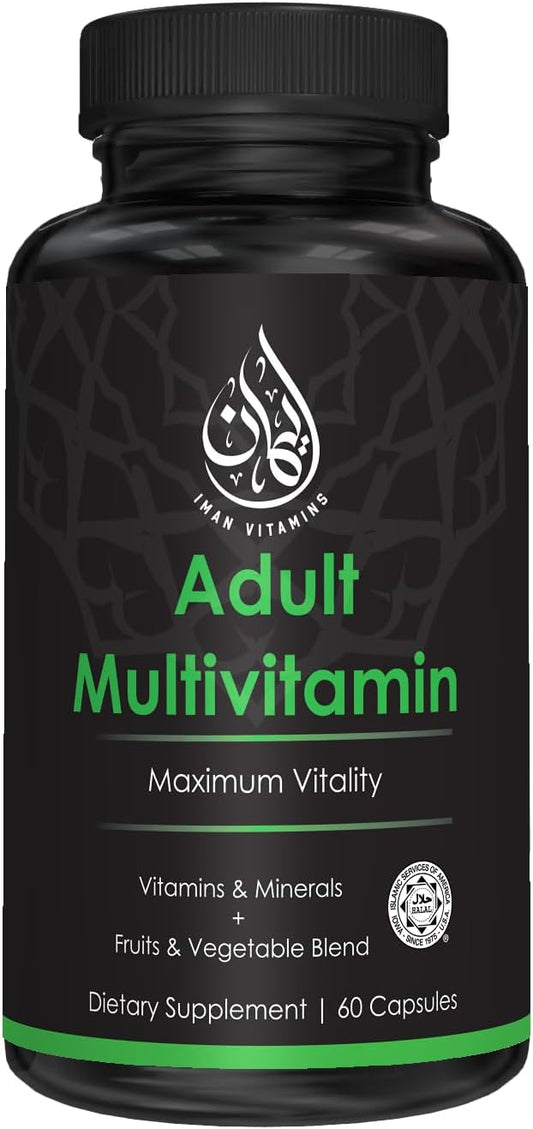 Halal Complete Multivitamin Capsules for Adults Men & Women | 42 Fruit & Vegetable Blend with Iron, Zinc, CoQ10, Folic Acid, and Vitamin A, B1, B3, B6, B12, C, D3, E | 60 Count