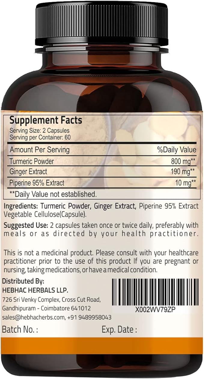 Turmeric Ginger with Black Pepper & Ginger 1000 mg 120 Capsules | Turmeric and Ginger Supplement with 95% Curcuminoids | Extra Strength Supplement| Joint Support Supplement | Non-GMO - 120 Capsules