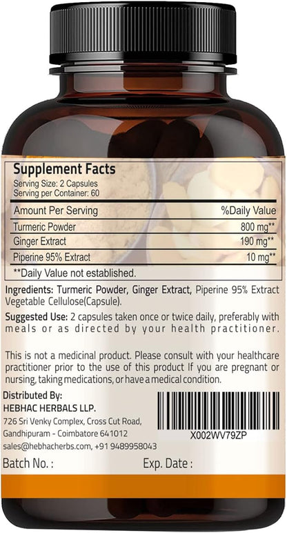 Turmeric Ginger with Black Pepper & Ginger 1000 mg 120 Capsules | Turmeric and Ginger Supplement with 95% Curcuminoids | Extra Strength Supplement| Joint Support Supplement | Non-GMO - 120 Capsules
