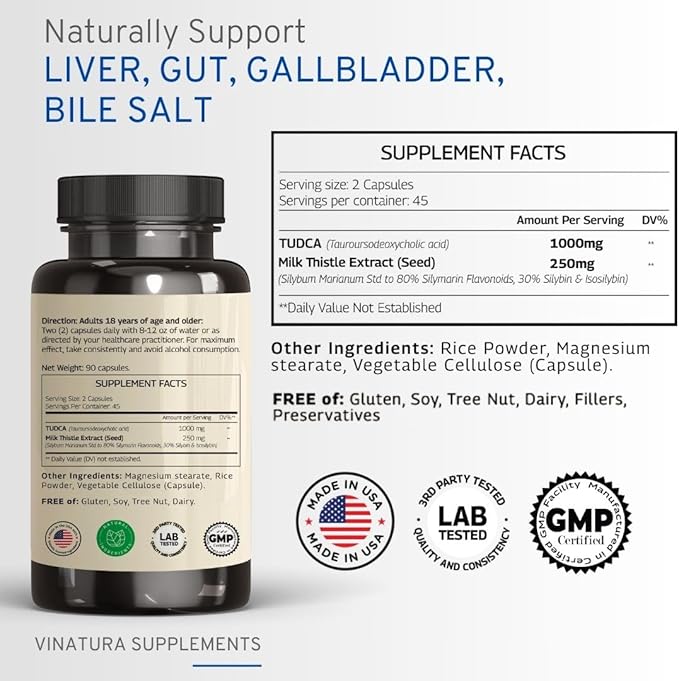 TUDCA Milk Thistle 1250mg - Tudca 1000mg, Tudca Bile Salts, Liver Support, Gallbladder Supplements *USA Made and Tested*, Tudca Supplement, Bile Salts Supplement - 90 Capsules 45 Servings