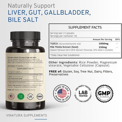 TUDCA Milk Thistle 1250mg - Tudca 1000mg, Tudca Bile Salts, Liver Support, Gallbladder Supplements *USA Made and Tested*, Tudca Supplement, Bile Salts Supplement - 90 Capsules 45 Servings