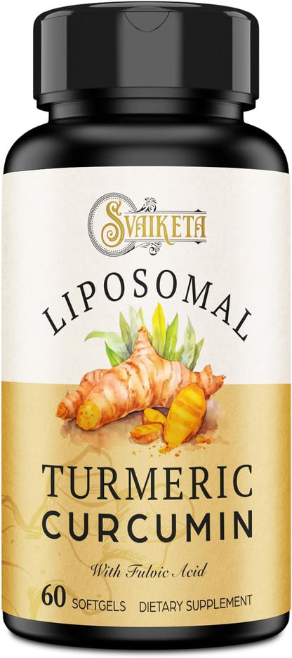 Liposomal Turmeric Curcumin Supplement 2000mg, 95% Standardized Curcuminoid Extract & Organic Root Powder with Piperine Black Pepper Fruit (15mg), 60 softgels