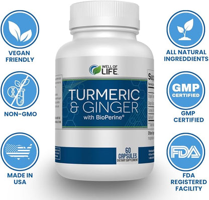 Well of Life: Turmeric & Ginger with BioPerine®: Joint Support - 655mg | 60 Veg Capsules. Helps Immune Function, Digestive Health, and Overall Wellness. Made in USA.