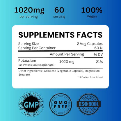 Potassium Supplement 1020mg High Absorption Potassium Bicarbonate- 120 Capsules Supports Electrolyte Balance, Kidney and Bone Health