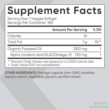 Sports Research Vegan Flaxseed Oil (1200mg) Herbal Supplement with Plant-Based ALA Omega 3 - Vegan Certified & Non-GMO Verified - Gluten, Soy & Carrageenan Free (180 Veggie Softgels)