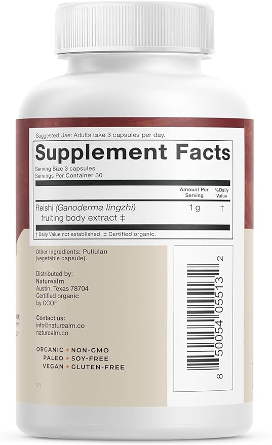 Naturealm Reishi Mushroom Supplement - Organic Reishi Mushroom Extract Capsules for Wellness & Cognitive Support - 90 Vegetarian Capsules with Red Reishi Mushrooms