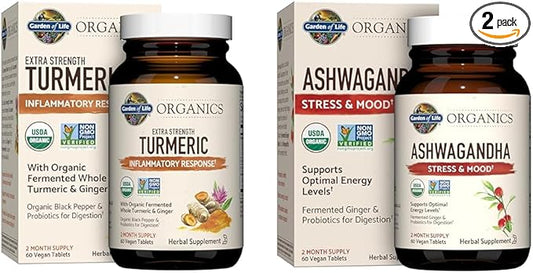 Garden of Life Organics Extra Strength 100mg Curcumin Turmeric 60 Tablets and Ashwagandha Stress & Energy Support 60 Tablets Bundle