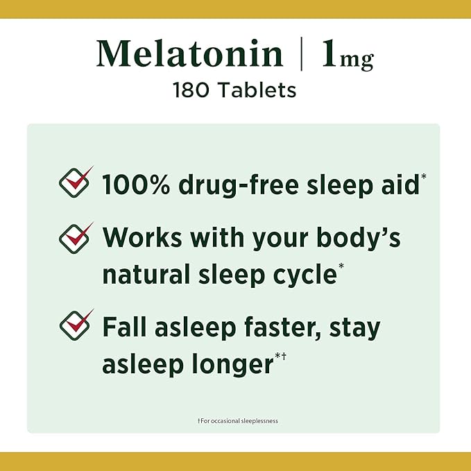 Nature's Bounty Melatonin, 100% Drug Free Sleep Aid, Dietary Supplement, Promotes Relaxation and Sleep Health, 1mg, 180 Tablets - Pack of 2