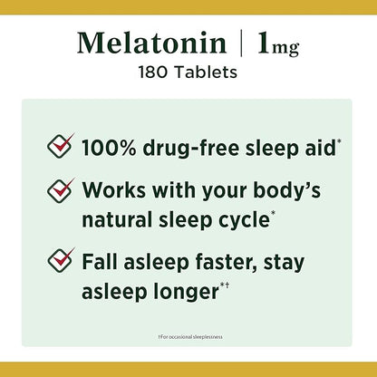 Nature's Bounty Melatonin, 100% Drug Free Sleep Aid, Dietary Supplement, Promotes Relaxation and Sleep Health, 1mg, 180 Tablets - Pack of 2