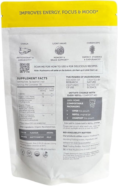 Morning Routine Mushrooms, Mushroom Supplement | Lions Mane Powder Chaga Cordyceps | Adaptogens | | 3.17 Ounce Packet | 30 Servings | Immune Support