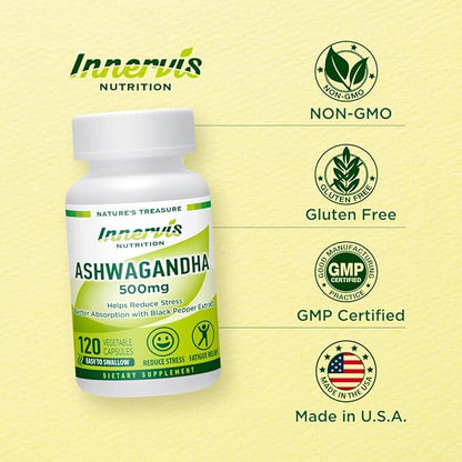 Ashwagandha 500mg with Black Pepper for Enhanced Absorption - Stress Support, Relaxation & Mood Balance -120 Vegan Capsules - Non-GMO, Made in USA, 3rd Party Lab Tested