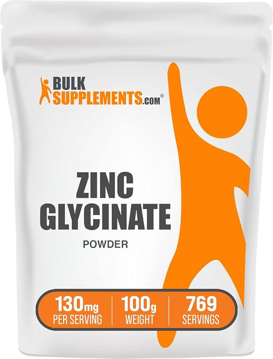 BulkSupplements.com Zinc Glycinate Powder - Zinc Supplement, for Immune Support - Gluten Free, 130mg per Serving, 100g (3.5 oz) (Pack of 1)