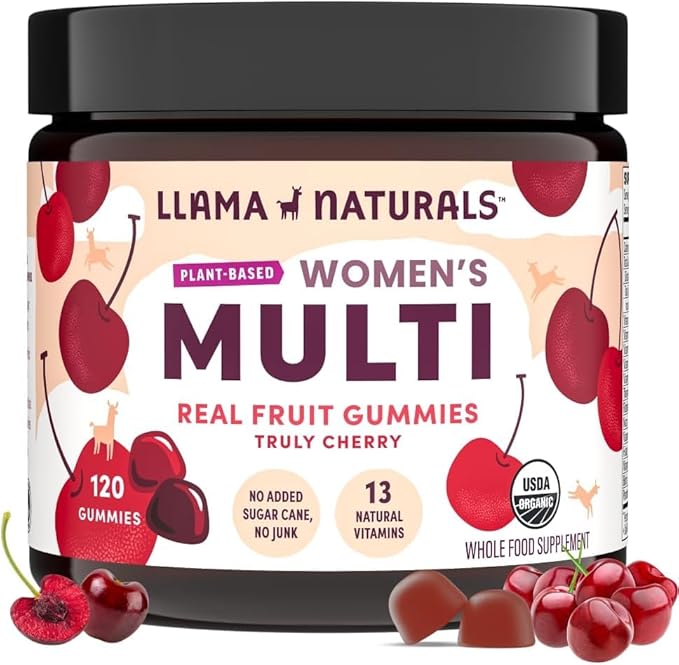 Llama Naturals Multivitamin for Women, Vegan, Organic Gummies with Vitamin D, C and K, Women's Real Fruit Gummy Vitamins, Chewable Multivitamin Supplement, No Added Sugar Cane, Cherry, 120 Ct