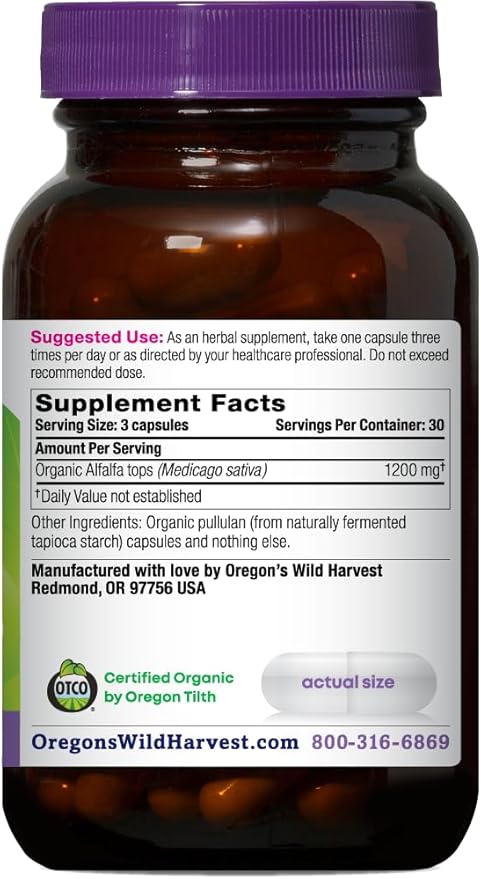 Oregon's Wild Harvest Alfalfa Capsules USDA Certified Organic Herbal Supplements, 90 Count