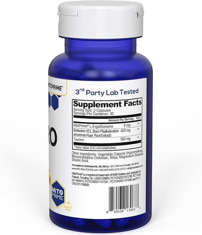NeuroLife Longevity Supplement - 500mg Taurine & 400mg Berberine Supplement - Clinically Tested MitoPrime L-Ergothioneine - Brain Support for Cognitive Vitality - 60 Berberine Capsules