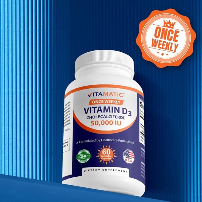 Vitamatic 2 Pack Vitamin D3 50,000 IU (as Cholecalciferol), Once Weekly Dose, 1250 mcg, 60 Veggie Capsules 1 Year Supply, Progressive Formula Helping Vitamin D Deficiencies (Total 120 Veg Capsules)