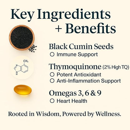 ORGANICS NATURE Black Seed Oil Capsules 1000MG Vegan Softgels, for Hair & Skin, Heart Support, Nigella Sativa - 100% Cold Pressed Cumin Seed Oil Capsules High Thymoquinone, Omega 3s