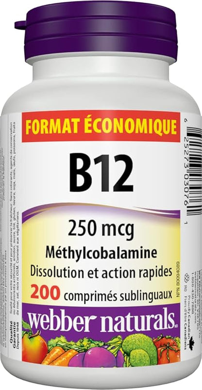 Webber Naturals Vitamin B12 250 mcg Methylcobalamin, 200 Sublingual Tablets