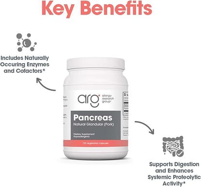 Allergy Research Group Pancreas Dietary Supplement - Digestive Support, Natural Glandur (Pork), Hypoallergenic, Vegetarian Capsules, Gluten Free - 720 Count