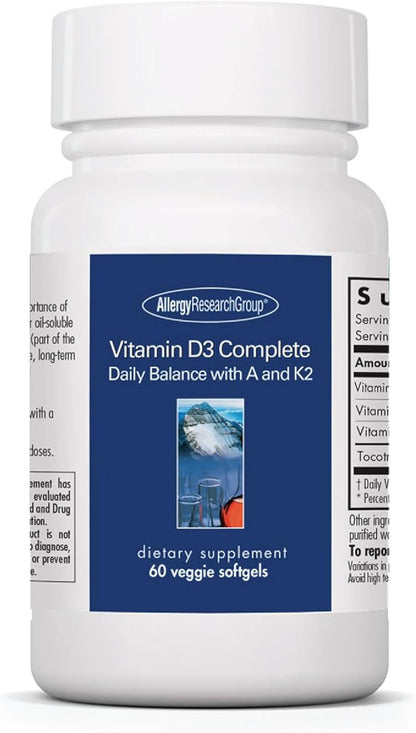 Allergy Research Group Vitamin D3 Complete - Vitamin D3 and K2 Supplement, Daily Balance, with Vitamin A, DeltaGold Tocotrienols, High Potency, Veggie Softgels - 60 Count