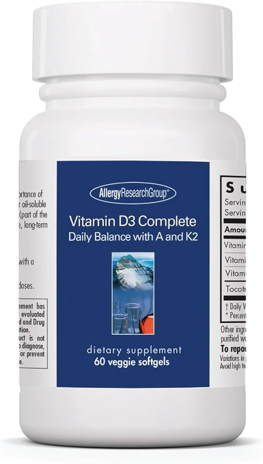 Allergy Research Group Vitamin D3 Complete - Vitamin D3 and K2 Supplement, Daily Balance, with Vitamin A, DeltaGold Tocotrienols, High Potency, Veggie Softgels - 60 Count
