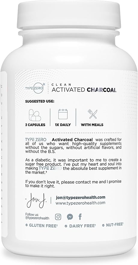 Type Zero Activated Charcoal Capsules (180 Count) - 60 Servings, 780mg Per Serving, from Coconut Shell, Non-GMO, Gluten-Free