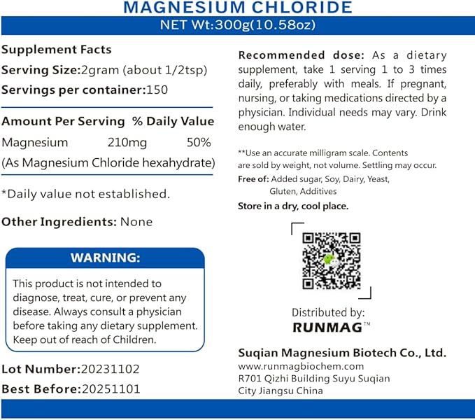 Natural Magnesium Chloride Powder, Oral Supplement, Crystal Powder, Magnesium Supplement, Food Grade300g(10.58oz)/Bottle