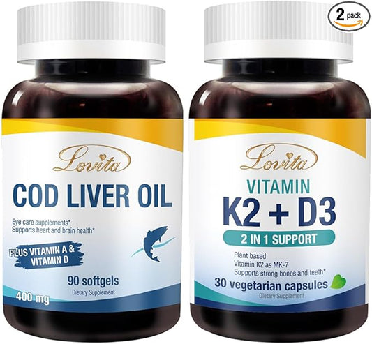 Lovita Cod Liver Oil & K2 D3 Dietary Supplement Bundle. Supports Better Nutrition & Overall Well-Being