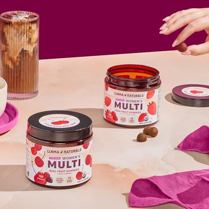 Llama Naturals Multivitamin for Women, Vegan, Organic Gummies with Vitamin D, C and K, Women's Real Fruit Gummy Vitamins, Chewable Multivitamin Supplement, No Added Sugar Cane, Cherry, 120 Ct