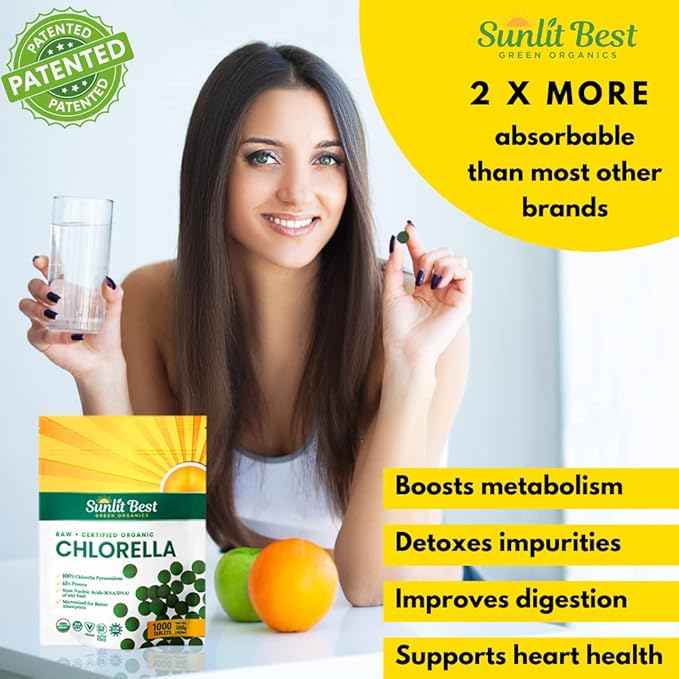 Sunlit Best USDA Organic Premium Chlorella Tablets 1000 Count | 100% Pure Chlorella Superfood Supplement High in Protein, Chlorophyll, Vitamins, & Minerals | Supports Good Health, Wellbeing