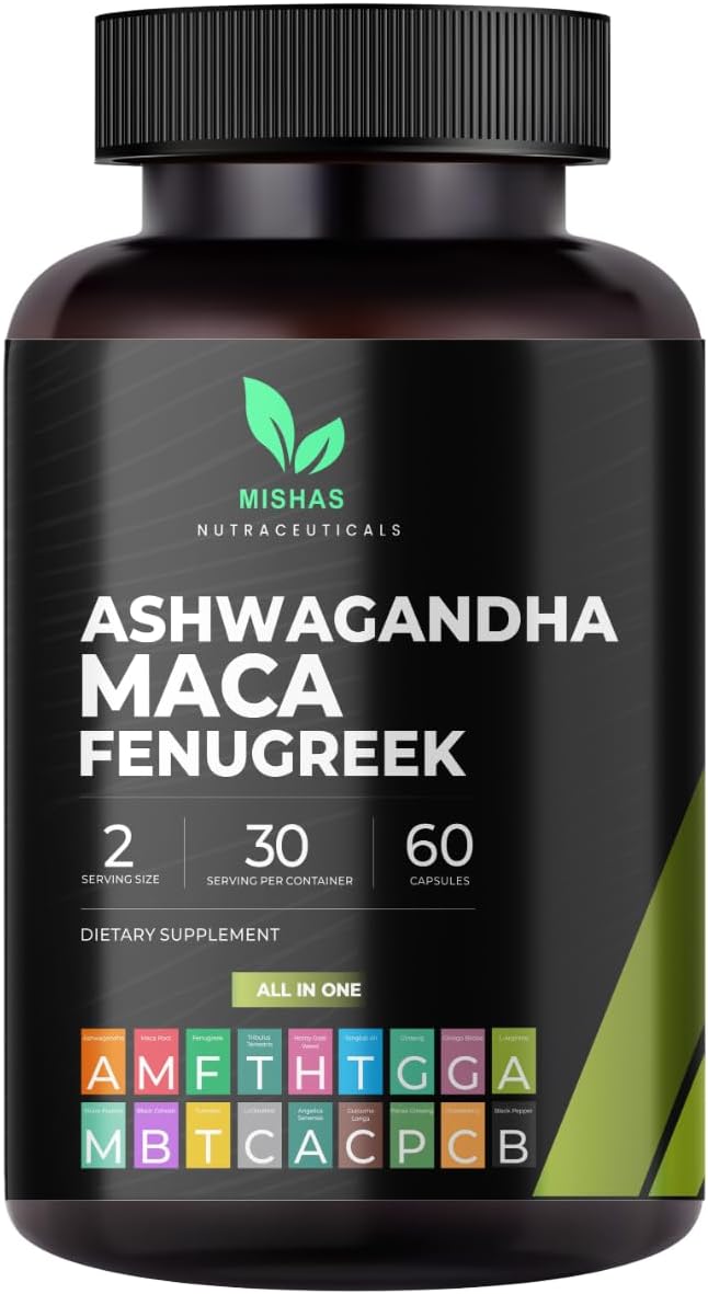 Nutraceuticals Ashwagandha, Maca Root, Fenugreek Supplement with Ginseng – Supports Stress Relief, Mood Balance & Thyroid Health – 60 Capsules