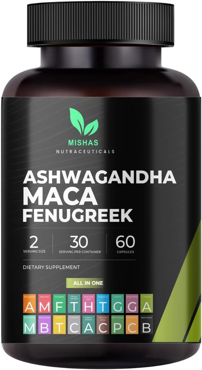 Nutraceuticals Ashwagandha, Maca Root, Fenugreek Supplement with Ginseng – Supports Stress Relief, Mood Balance & Thyroid Health – 60 Capsules