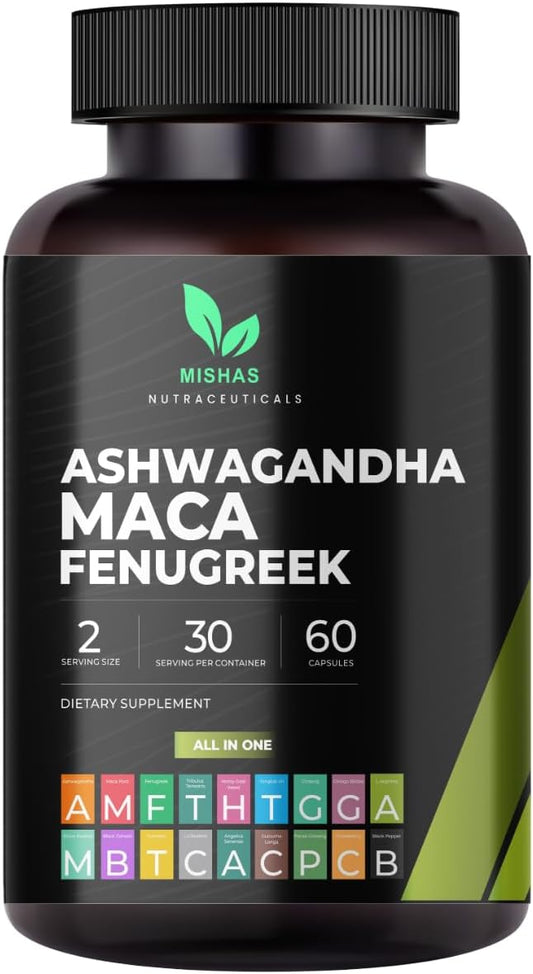 Nutraceuticals Ashwagandha, Maca Root, Fenugreek Supplement with Ginseng – Supports Stress Relief, Mood Balance & Thyroid Health – 60 Capsules